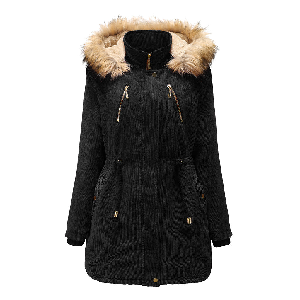 2021 New Ladies Hooded Plus Fleece Corduroy Coat