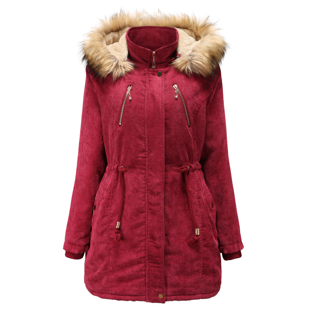 2021 New Ladies Hooded Plus Fleece Corduroy Coat