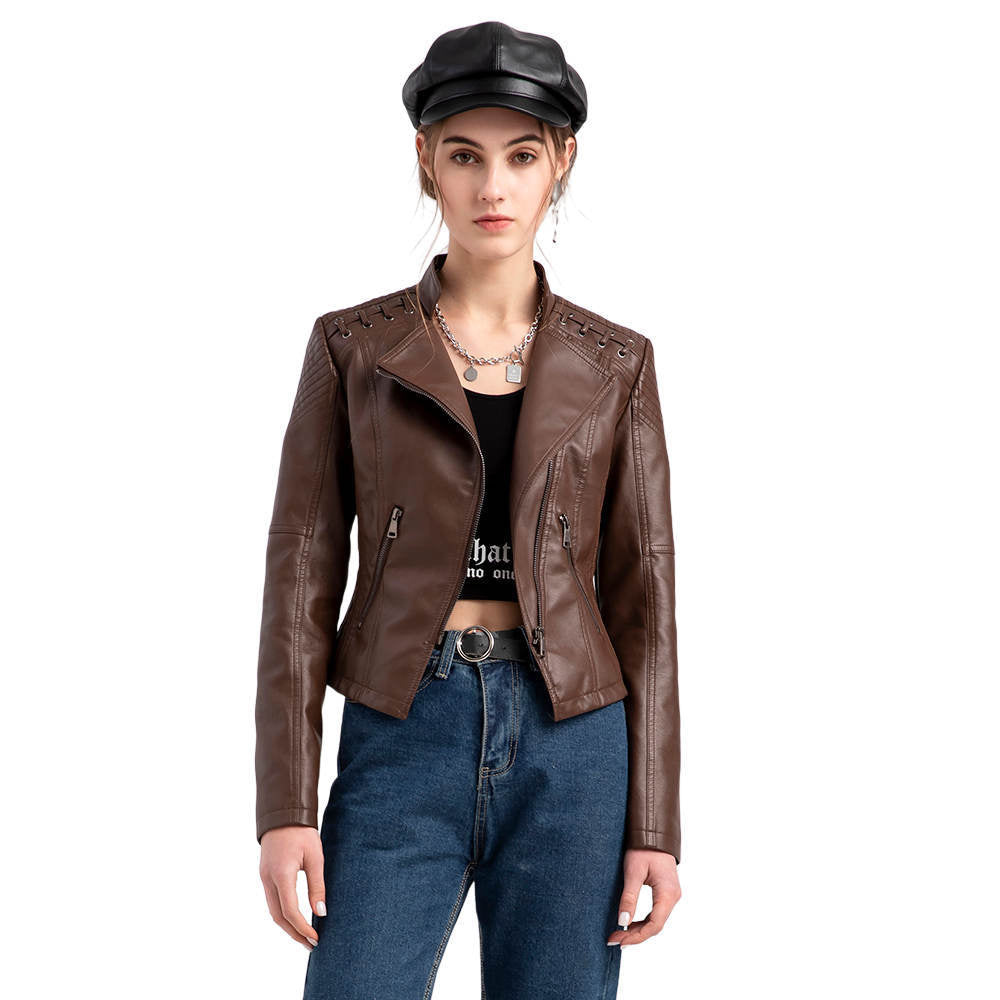 2021 Women's Leather Jackets Faux Moto Biker Coat