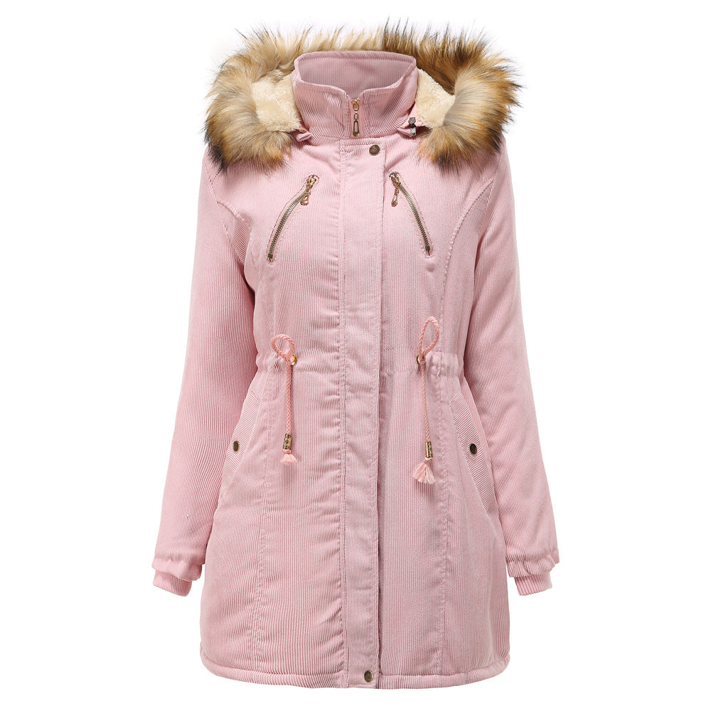 2021 New Ladies Hooded Plus Fleece Corduroy Coat