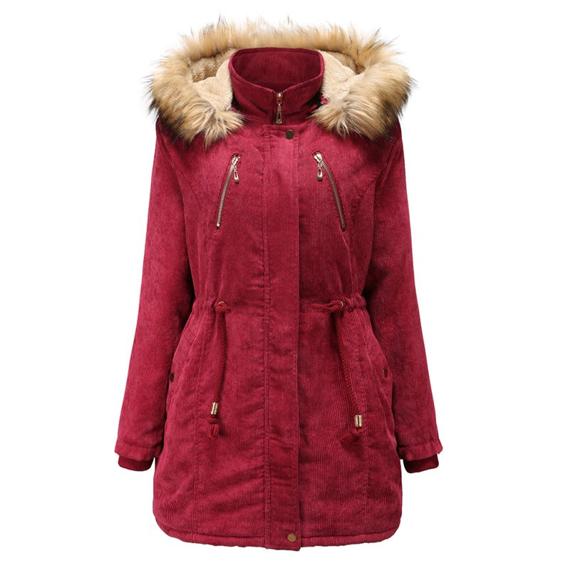 2021 New Ladies Hooded Plus Fleece Corduroy Coat