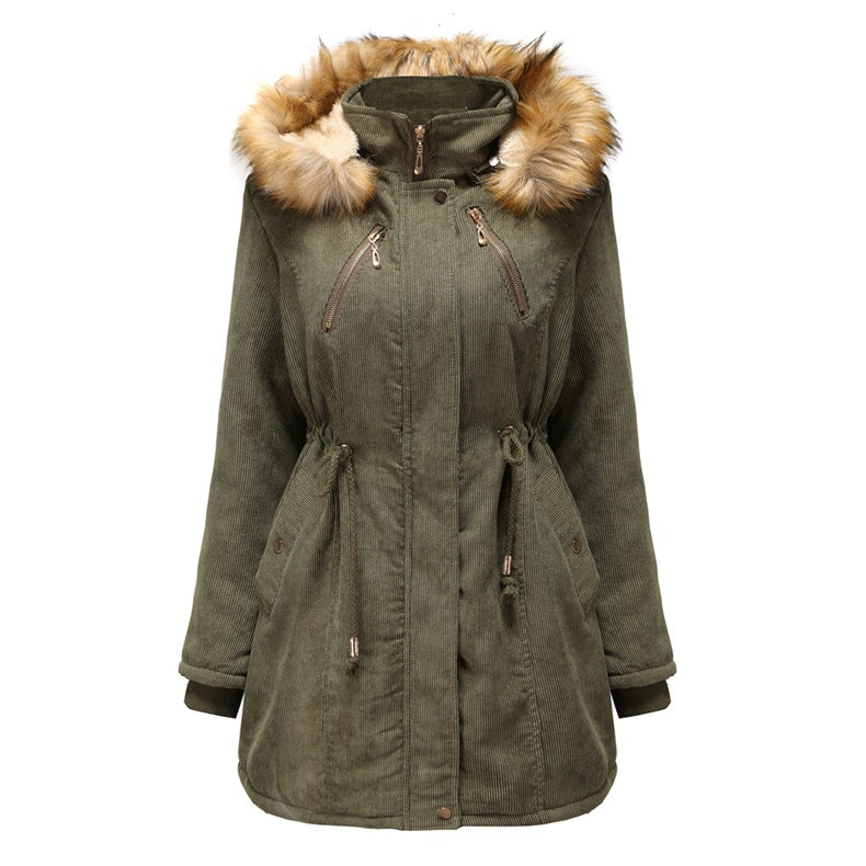 2021 New Ladies Hooded Plus Fleece Corduroy Coat