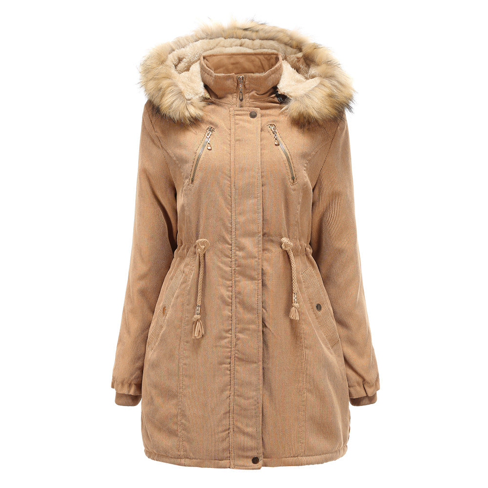 2021 New Ladies Hooded Plus Fleece Corduroy Coat