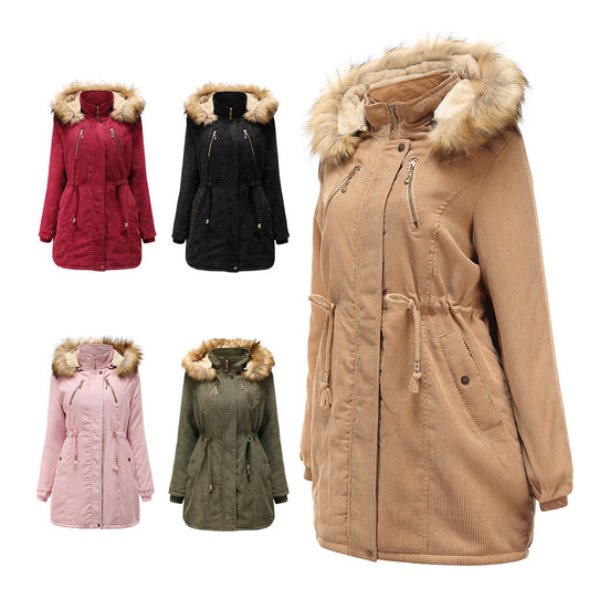2021 New Ladies Hooded Plus Fleece Corduroy Coat
