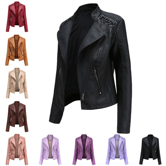 2021 Women's Leather Jackets Faux Moto Biker Coat