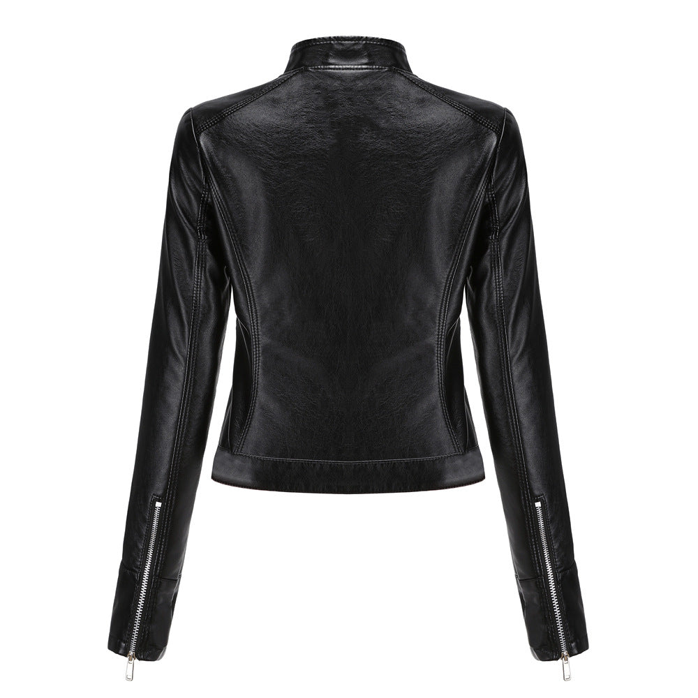 2021 new leather women's short jacket spring and autumn collar 
